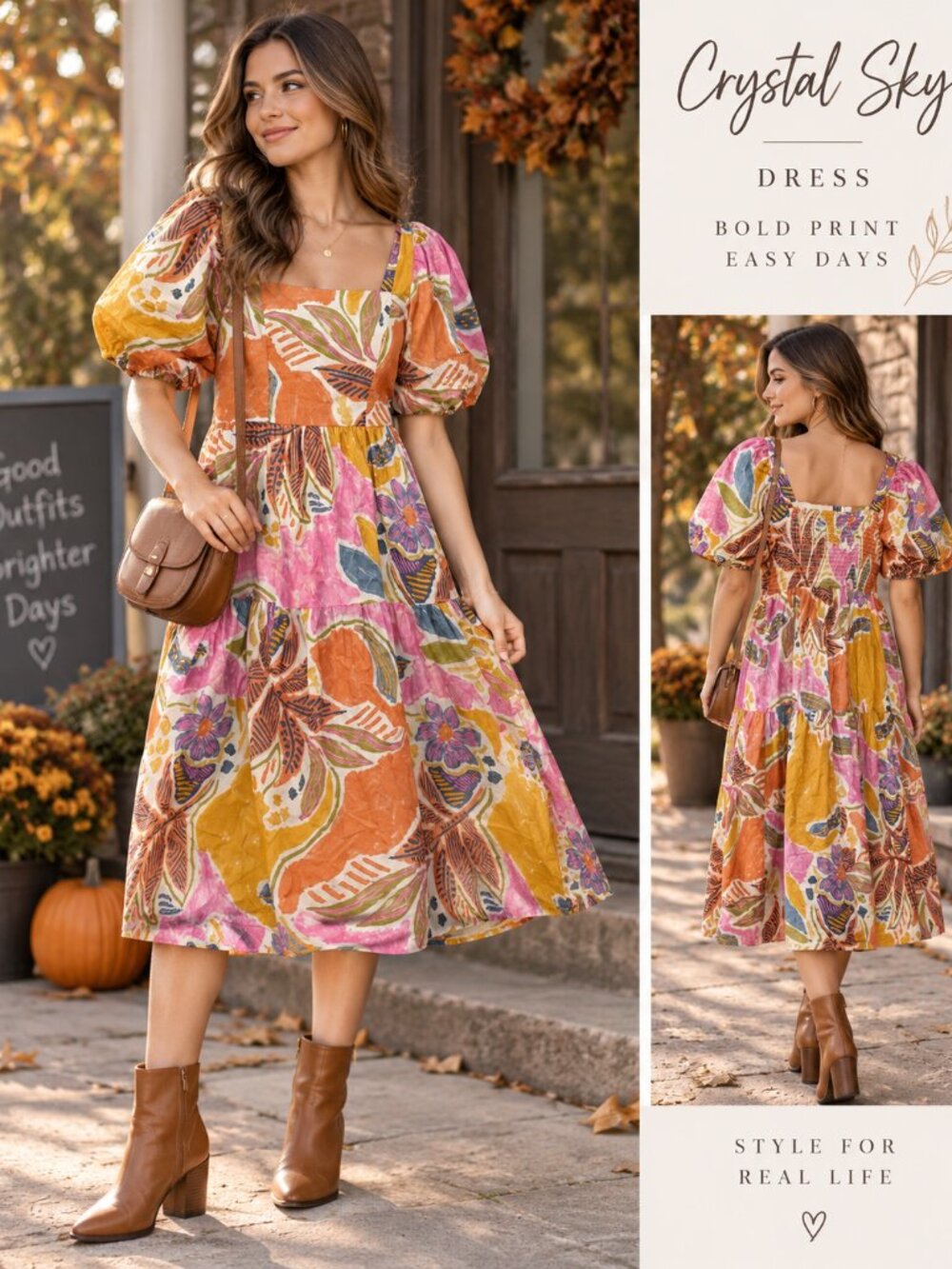 Crystal Sky Boho Floral Dress L Terracotta Mustard Pink Fall Transition
